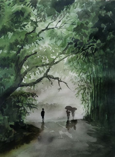 Monsoon Watercolor Painting, Raining Landscape Painting, Watercolor Paintings For Competition, Rainy Forest Drawing, Rainy Watercolor Painting, Rainy Scenery Drawing, Rainy Day Drawing Watercolors, Watercolor Rainy Day, Monsoon Drawings Ideas