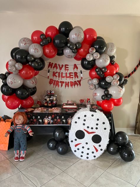 Which Theme Halloween Party, 28 Theme Birthday, Halloween Birthday Decoration Ideas, Chucky Decorations Party, Jason Party Theme, Horror First Birthday, Halloween Birthday Party Sweet 16, Diy Horror Birthday Party, Friday The 13 Decorations