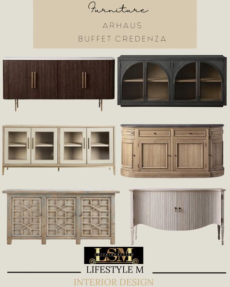 Design board of buffet credenza options for a dining room. Oval Buffet Cabinet, Credenza Dining Room Buffet Tables, Sideboard Decor Dining Room Buffet Ideas, Sideboard With Glass Doors, Sideboard Decor Dining Room, Built In Sideboard, Buffet Dining Room, Dining Room Credenza, Dining Room Buffet Table