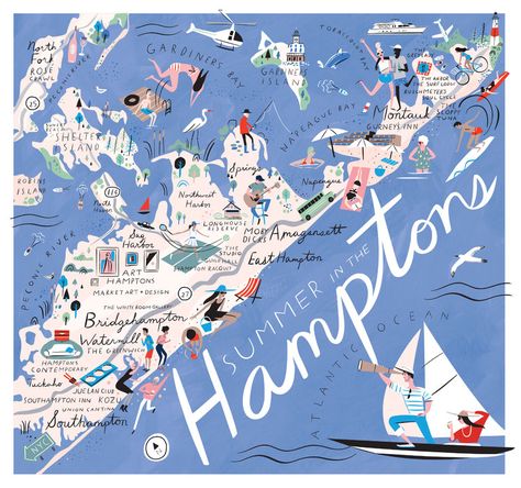 Summer in the Hamptons: Where to eat, party, work out and shop on the East End this summer. Vinyl Cafe, Map Illustrations, Hamptons Art, Hamptons Summer, Shelter Island, Hamptons Style, East Hampton, Illustrated Map, Road Trip Usa