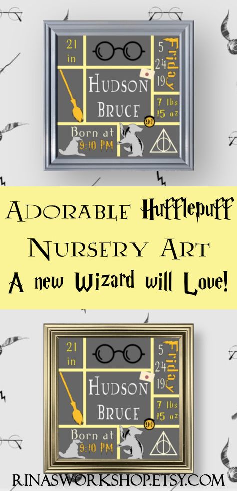 Nursery decor that makes the perfect gift for any muggle or wizard! Each design is handmade and individually cut. My birth announcements are an amazing way to celebrate the new baby in your life! Lots of frame colors available! #harrypotter #hufflepuff Harry Potter Birth Announcement, Harry Potter Baby Announcement, Harry Potter Nursery Ideas, Hp Nursery, Door Hanger Baby, Shower Foods, Nursery Designs, Harry Potter Nursery, Birth Stats Sign