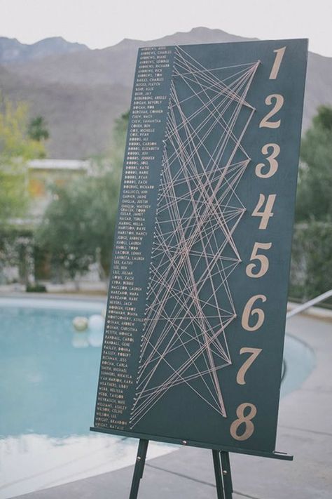 a modern seating chart // find your seat with string art Wedding Seating Display, Ace Hotel Wedding, Seating Arrangement Wedding, Offbeat Wedding, Hotel Wedding Venues, Wedding Table Plan, Ace Hotel, Palm Springs Wedding, Seating Plan