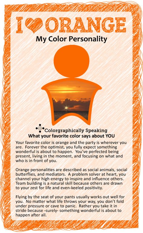 You ♥ orange!  You are spontaneous and life of the party.  Here's what your favorite color orange says about you. #paint #color #orange color psychology Orange Color Theory, Orange Meaning, Orange Outfits, Color Energy, Colour Psychology, Color Healing, Conceptual Understanding, Color Personality, Les Chakras