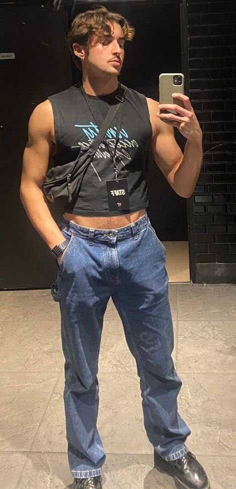 Masculine Club Outfits, Gay Clubbing Outfit, Men In Crop Tops Aesthetic, Male Clubbing Outfits, Men With Crop Tops, Club Outfits For Men Night, Crop Top Hombre, Club Fits Men, Men Crop Top Aesthetic