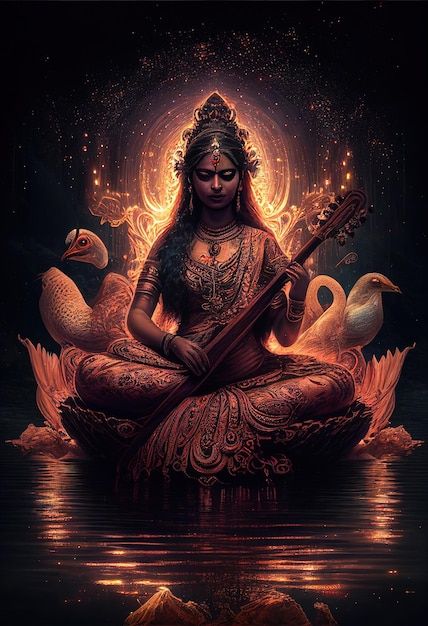 Saraswati Picture, Goddess Saraswati, God Artwork, Saraswati Goddess, Shakti Goddess, Peace Illustration, Hindu Culture, Indian Goddess, Goddess Artwork