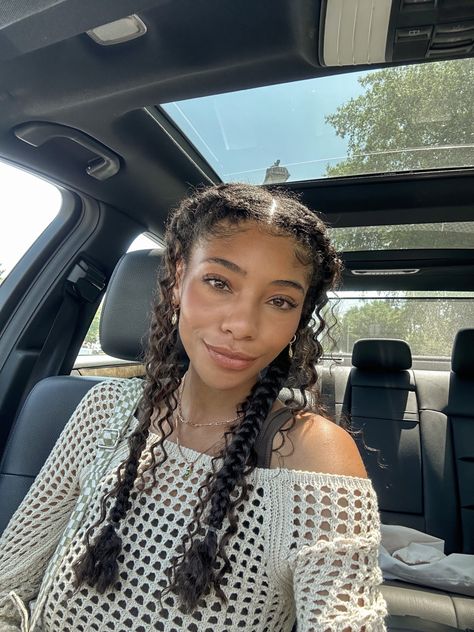 Curly Hair Loose Braid, Curly Hair With Some Braids, Puerto Rican With Braids, Two Braids Hairstyle Curly Hair, Curly Natural Braids, Earth Day Hairstyles, Natural Hair Styles Summer, Curly Hair Winter Hairstyles, Natural Hair Office Hairstyles