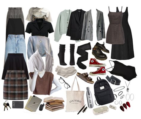 Dark Academia Aesthetic Capsule Wardrobe, Dark Witch Academia Outfit, Dark Academia Closet Essentials, Dark Academia Staple Pieces, Dark Academia Capsule Wardrobe Summer, Grunge Wardrobe Capsule, Dark Academia Outfit Basics, Spring Outfits Dark Academia, Dark Academia Wardrobe Capsule