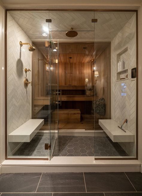 Shower With Sauna Steam Room, Wood Garage Interior, Steamroom Shower Master Bath, Steam Shower Sauna Combo, Sauna Steam Room Master Bath, Large Bathroom With Sauna, In Bathroom Sauna, Luxury Bathroom With Fireplace, Home Sauna Steam Room