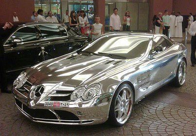 Pure White Gold Mercedes Benz     The 18K white gold used in this car Owned by Abu Dhabi, an oil billionaire , This stunning car features the newly developed V10 quad turbo with 1,600 horsepower and 2800nm of torque 0-100km/h in less than 2secs, 1/4 mile in 6.89 secs running on biofuel. That is NOT stainless steel.It is WHITE GOLD. Gold Mercedes, Mclaren Slr, Mercedes Sport, Mercedes Mclaren, Mercedes Slr, Chrome Car, Slr Mclaren, Chrome Cars, Dubai Cars