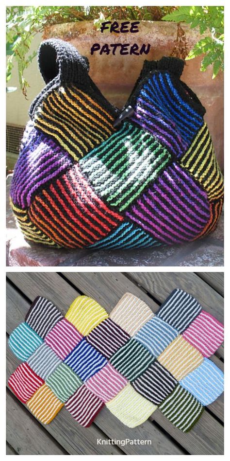 Knit Garter Stripe Square Bag Free Knitting Pattern Knit Bags, Knitting Bag Pattern, Knit Bag, Loom Knitting Projects, Bag Pattern Free, Crochet Market Bag, Knitting Project Bag, Crochet Tote, Bag Patterns To Sew