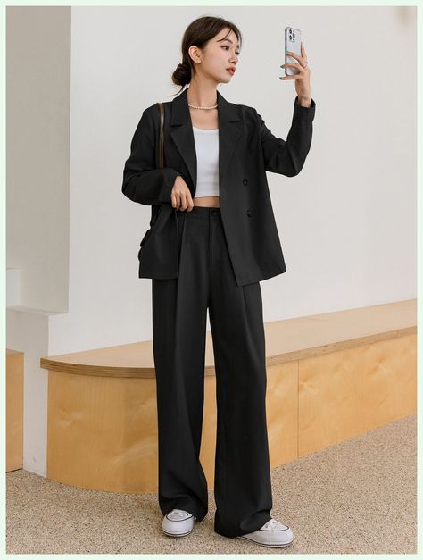 [Promotion] Black Elegant Collar Long Sleeve Plain Embellished Slight Stretch Women Suits #womensuitoutfitsbusiness Black Trouser Outfit, Black Slacks Outfit, Long Blazer Outfit, Tailored Pants Outfit, Trouser Outfit Women, Black Trousers Outfit, Black Womens Suit, Outfit Nero, Trousers Women Outfit