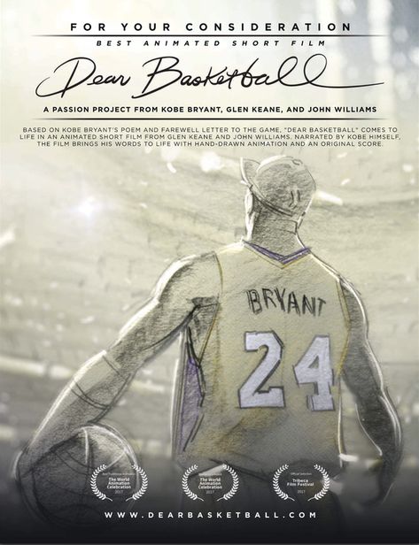 Oscar Nominee 2018 Review: Dear Basketball | NeverKissedAGirl.com Glen Keane, Los Angeles, Basketball Animated, Kobe Bryant Dear Basketball, Dear Basketball Kobe, Basketball Kobe, Dear Basketball, Bryant Basketball, Animated Short Film