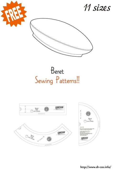 This is the pattern of Beret. inch size(letter size) 5-1/2,5-3/4,6,6-1/4,6-1/2,6 3/4,7,7-1/4,7-1/2,7-3/4,8 cm size(A4 size) 44,46,48,50,52,54,56,58,60,62,64 Added the number of fabric meters required for each size Beret Pattern Sewing, Beret Sewing Pattern, Diy Beret, Topi Baret, Pola Topi, Beret Pattern, Sewing Hats, Hat Patterns To Sew, Free Sewing Patterns