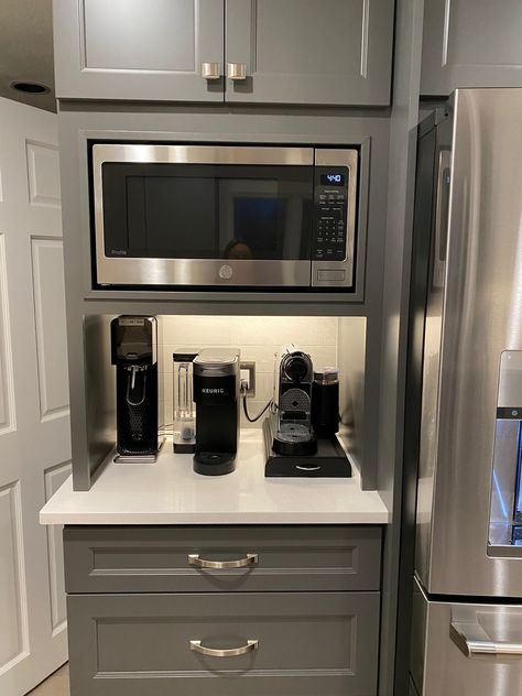 Kitchen Pantry Cabinets With Microwave, Kitchen Cabinet Microwave Storage, Microwave Lower Cabinet Built In, Microwave Station Kitchen, Coffee Station With Microwave, Microwave Pantry Ideas, Wall Oven With Microwave Shelf Above, Microwave Over Countertop, Microwave In Tall Cabinet