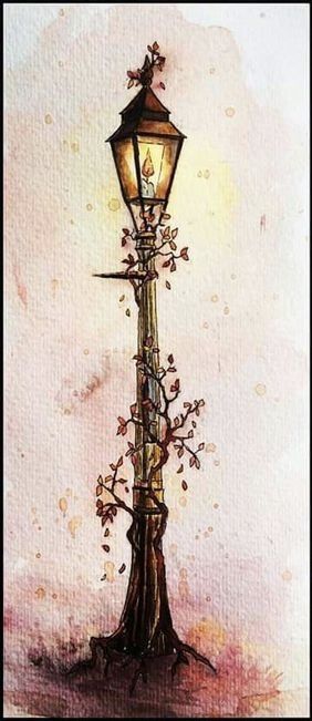 Whimsical Lamp Post, Narnia Lamp Post Drawing, Lamp Post Painting Watercolor, Watercolor Lamp Post, Watercolor Art Intermediate, Vintage Lantern Drawing, Old Lamp Drawing, Narnia Lamp Post Tattoo, Lamplighter Art