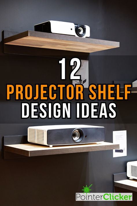 12 projector shelf design ideas for your home theater, home entertainment center Projector In Family Room, Conference Room Projector Wall Design, Movie Nook Spaces, Projector Shelf Ideas Bedroom, Projector Cover Ideas, How To Hide Projector, Projector Instead Of Tv Living Rooms, Projector On Shelf, Projectors In Living Room