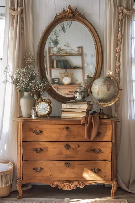 29 Boho Bedroom Dresser Decor Ideas 2 Boho Foyer Ideas, Boho Bedroom Dresser Ideas, Victorian Whimsical Decor, Victorian Dresser Decor, Retro Vintage Bedroom Aesthetic, Vintage Bedroom Inspiration, Boho Bedroom Dresser, Foyer Dresser, Vintage Dresser Decor