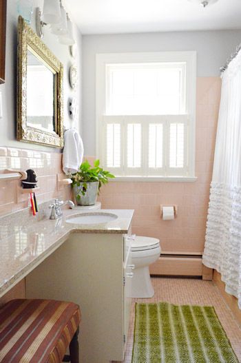 House Crashing: Lesley & Jeff | Young House Love Pink Tile Bathroom, Pink Bathroom Tiles, Retro Pink Bathroom, Peach Bathroom, Pink Tile, Grey Wall Color, Blue Grey Walls, Decor Baie, Top Bathroom Design