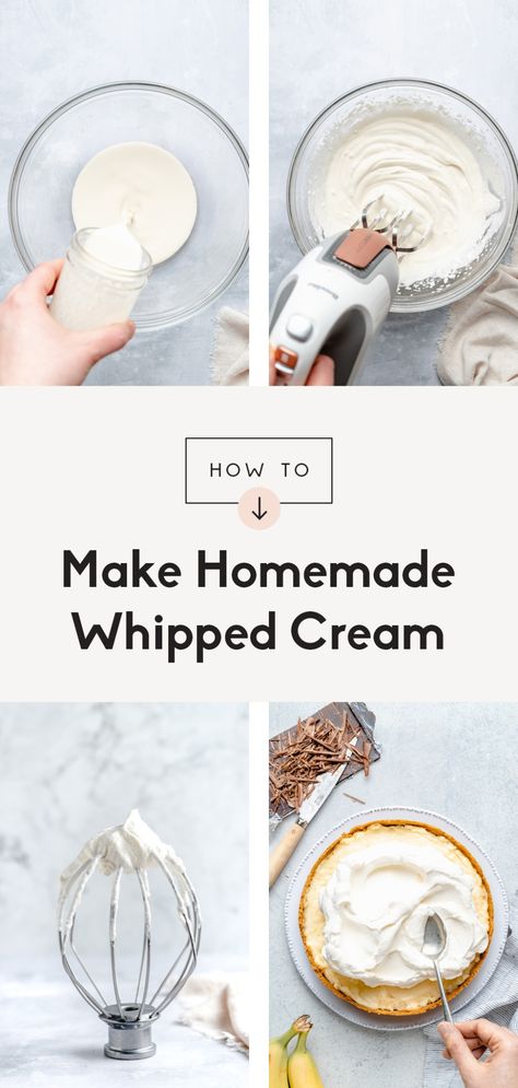 Learn how to make whipped cream that's perfectly sweet, deliciously fluffy, and made with just 3 ingredients! This easy homemade whipped cream recipe makes the best topping for hot chocolate, pies, waffles, and more. Options to add different flavors for a festive twist! #howto #kitchenhack #whippedcream #dessert Homemade Whipped Cream With Heavy Cream, Homemade Whipped Cream Easy With Milk, How To Make Homemade Whipped Cream, How To Make Whipped Cream, Whipped Cream Recipe Easy, Homemade Whipped Cream Easy, Home Made Whipped Cream, Whipping Cream Recipe, Thick Whipped Cream