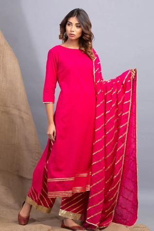 Shop for Maison Shefali Pink Cotton Embroidered Kurta Set for Women Online at Aza Fashions Heavy Duppata With Plain Suits Design, Gotapatti Work Suit Design, Gotapatti Suit Design, Gotapatti Work Kurti Design, Gotapatti Work Kurti, Goad Bharai, Gotta Patti Work Embroidery, Gotta Patti Suits, Plain Dress Designs