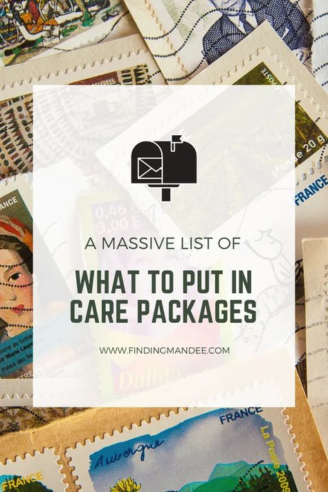 The MASSIVE List of What to Put in Care Packages | Finding Mandee College Dorms, Army Care Package, Camp Gifts, Diy Care Package, File Ideas, Birthday Care Packages, Cold Or Allergies, Deployment Care Packages, College Ideas