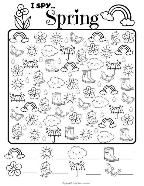 Free I Spy Spring printable - great for kids! Spring Mazes Free Printable, May Kids Activities, I Spy Preschool Printable, Rainbow Puzzle Printable, Spring Class Activities, Spring Crafts For Kids Printable, Spring I Spy Free Printable, Free Printable I Spy Worksheets, Preschool I Spy Printables