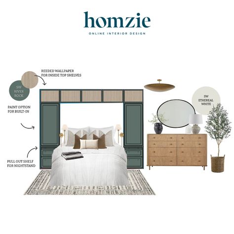 We loved designing this organic modern bedroom for our virtual interior design client. This space features a sand-wash dresser, several pieces of greenery, a patterned blue and beige area rug, and a pair of gold sconces.   Shop this design by following @homziedesigns on the LTK app!  Work 1:1 with a Homzie virtual interior designer for a low flat-rate and receive a custom, shoppable decorating plan! - all online. Get started homziedesigns.com/work-with-us Reeded Wood, Organic Modern Bedroom, Gold Sconces, Bold Decor, Striped Duvet Covers, Bedroom Decor Design, Blue And Beige, Wood Wallpaper, Wood Vinyl