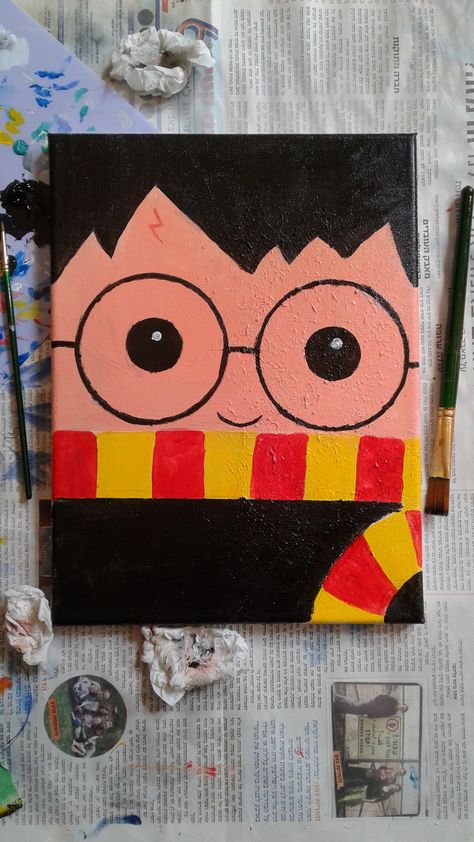 Acrylic paints Harry Potter Easy Art, Small Canvas Art For Beginners, Harry Potter Simple Painting, Happy Paintings Easy, Easy Harry Potter Painting On Canvas, Harry Potter Canvas Painting Easy, Harry Potter Easy Painting, Harry Potter Painting Easy, Hogwarts Painting Easy