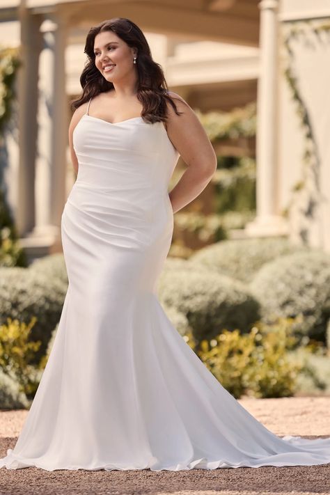 Liss. Description:                          Liss is an iconic and clean Sophia Tolli design that truly defines what it means to be a modern bride. Her subtle fit and flare silhouette drapes beautifully on the body, flattering your natural curves. The luxurious matte satin fabric moves ever-so gracefully, adding to your sleek and polished bridal look. Liss represents all things modern with her combination of elegant spaghetti straps and a daring scoop neckline. As you walk down the aisle, your Sophia Tolli, Walk Down The Aisle, Bridal Look, Mon Cheri, Matte Satin, Natural Curves, Walking Down The Aisle, Mermaid Dresses, Modern Bride