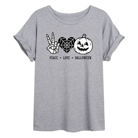 Spooky season is in the air! Be sure to grab this juniors' Halloween graphic tee so you can celebrate in style. Spooky season is in the air! Be sure to grab this juniors' Halloween graphic tee so you can celebrate in style. Crewneck Cuffed short sleeves Oversized fitFABRIC & CARE Heather gray: Cotton, polyester Black: Cotton Machine wash Imported Size: Medium. Color: Med Grey. Gender: female. Age Group: kids. Material: Polyester|Cotton Blend. Halloween Graphic Tees, Halloween Graphic, Love Halloween, Oversized Graphic Tee, Halloween Tees, Cuffed Shorts, Oversized Tee, Spooky Season, Peace Love