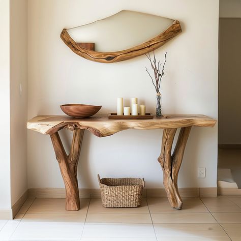 Our rustic entryway console, crafted with meticulous attention to detail from rustic natural solid wood. Each piece exhibits its own unique characteristics, from natural cracks and deep grain patterns to rough live edges. After being meticulously handcrafted, the wood is treated with a termite-resistant protective paint, ensuring longevity and durability. Key Features: - Handcrafted quality: Made entirely by hand from rustic, natural solid wood - Rustic and unique design: Each corner of the prod Raw Furniture Wood, Live Wood Furniture, Bedside Table Antique, Side Table Farmhouse, Live Edge Side Table, Raw Furniture, Antique Bedside Tables, Table Hallway, Rustic Console Tables