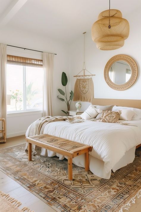 Looking for bohemian inspiration to decorate your space? Here are 20+ boho bedroom ideas to bring free-spirited flair to your sanctuary. Cute Boho Bedroom Decor, Boho Room With Black Furniture, Ikea Boho Bedroom Ideas, Boho Neutral Bedroom Decor, Boho Bedroom Mirror, Cream Boho Bedroom, Master Bedrooms Decor Boho, Bed On Floor Ideas Boho, Beige Boho Bedroom