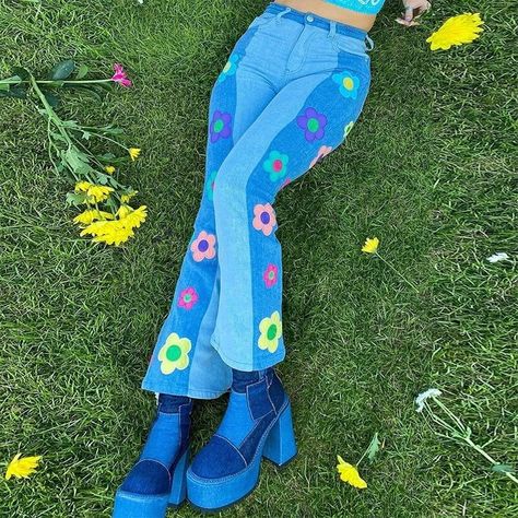 Y2K Floral Print & Flare Designed High Waisted Sexy Blue | Etsy Boho Mom, Preppy Aesthetic Outfits, Streetwear Korean, High Waisted Flare Pants, 70s Clothing, Pants Streetwear, Patchwork Denim, Aesthetic Y2k, High Waisted Flares