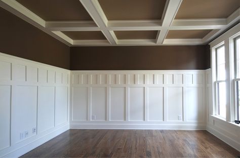 Compton Homes in AL using WindsorONE S4SSE for coffered ceiling & wainscoting. Classical Craftsman, Craftsman Wainscoting, Wainscoting Nursery, Wainscoting Hallway, Dark Brown Walls, Wainscoting Stairs, Wainscoting Kitchen, Faux Wainscoting, Wainscoting Bedroom