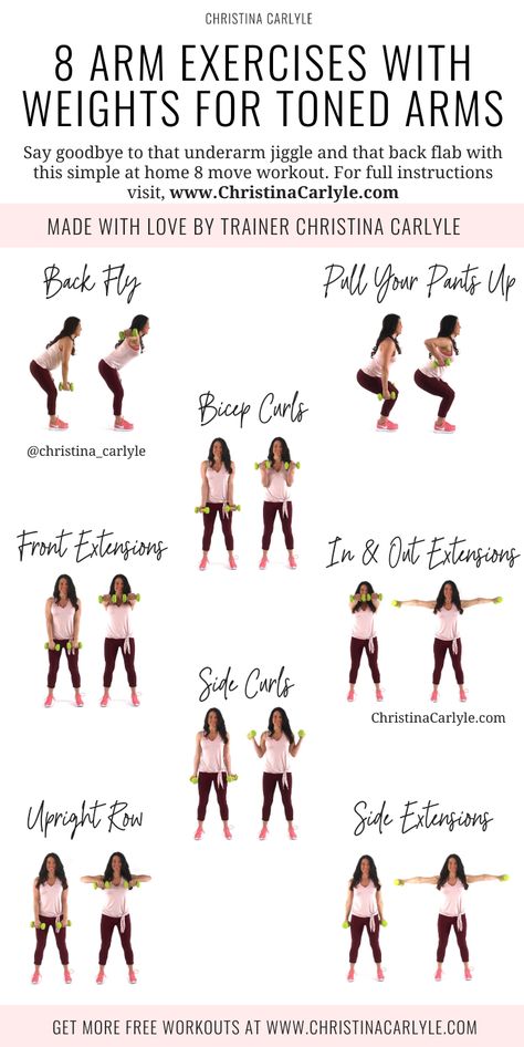 Burn fat and get toned arms fast with these 8 Easy Arm Exercises with Weights for Women. Get your dumbbells and start burning your arm fat https://christinacarlyle.com/arm-exercises-weights/ Arm Exercises, Exercises With Weights For Women, Exercises With Weights, Arm Exercises With Weights, Christina Carlyle, Arm Workout Women, Latihan Yoga, Workout Bauch, Trening Fitness