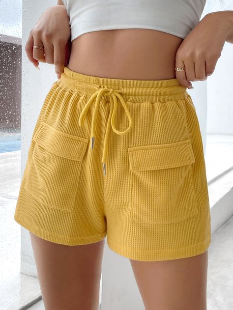 Yellow Casual   Polyester Plain Track Shorts Embellished Medium Stretch Summer Women Bottoms Short Pants Outfit, Swimsuit With Shorts, Sports Wear Women, Cargo Pants Outfit, Yellow Swimsuits, Women Bottoms, Female Shorts, Skirts For Kids, Casual Bottoms