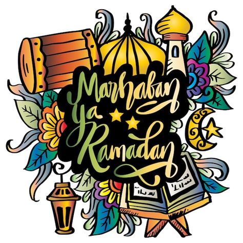 Doodle lettering ramadhan kareem marhaba... | Premium Vector #Freepik #vector #ramadan-calligraphy #eid-greetings #eid-background #eid-card Ramadhan Doodle, Ramadan Calligraphy, Eid Background, Ramadhan Kareem, Eid Card, Vector Doodle, Eid Greetings, Hari Raya, Doodle Lettering