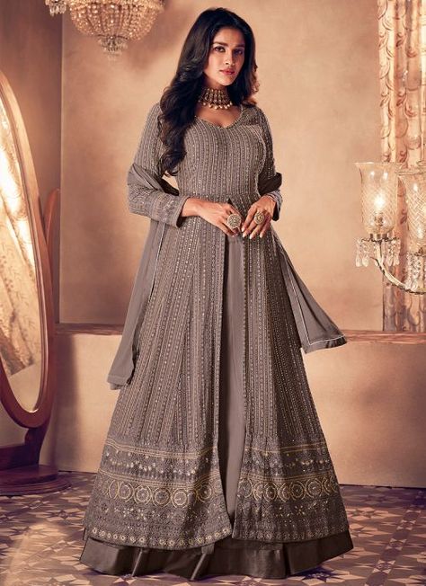 Grey Heavy Embroidered Lehenga Anarkali Long Anarkali Dress, Indo Western Lehenga, Western Lehenga, Taupe Bridesmaid, Lehenga Pink, Maroon Lehenga, Flared Gown, Georgette Anarkali Suits, Anarkali Lehenga