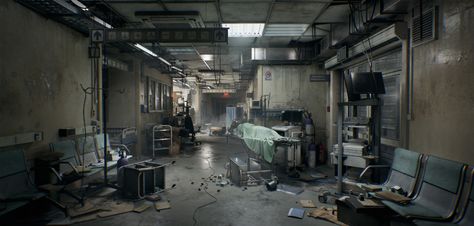 Sci Fi Hospital, Hospital Corridor, Hospital Games, Apocalypse Landscape, Warehouse Project, Apocalypse World, Hospital Interior, Abandoned Hospital, Zombie Art