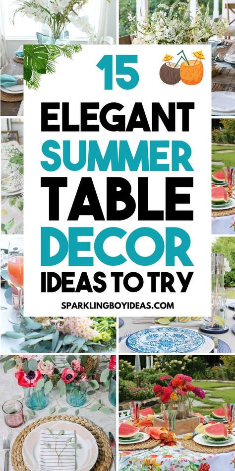 Summer table decorations bring warmth and color to any gathering. Dive into our outdoor summer table settings and beach-themed table decor that will make your summer meals unforgettable. From rustic summer table decor to bright summer tablescapes and tropical table decor, we've got summer decor ideas for every style. Our DIY floral table decor and lemon-themed table decor for a fresh twist. Also, try to add some sunflower table decorations or fruit centerpieces for summer to complete the look. Summer Dining Room Table Decor, Summer Centerpiece Ideas, Summer Dining Table Decor, Themed Tablescapes, Summer Table Centerpieces, Outdoor Table Centerpieces, Summer Table Decor, Summer Table Decorations, Summer Table Settings