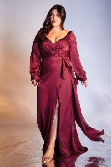 Long Sleeve Satin Dress, Special Ocassion Dresses, Sukienki Plus Size, Plus Size Evening Gown, Satin Formal Dress, Satin Evening Gown, Satin Wrap Dress, Cinderella Divine, Long Sleeve Prom