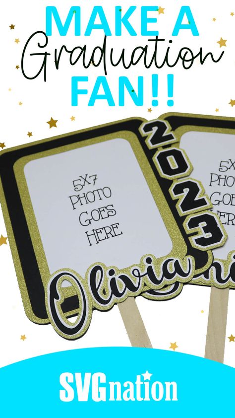 How to Make a Graduation Fan with Cricut - Free Fan Template! Free Printable Graduation Decorations, Circuit Graduation Projects, Graduation Fans With Picture Diy, Graduation Cricut Projects, Graduation Fans With Picture, Cricut Graduation Decorations, How To Make A Fan, Graduation Diy Ideas, Graduation Cricut Ideas