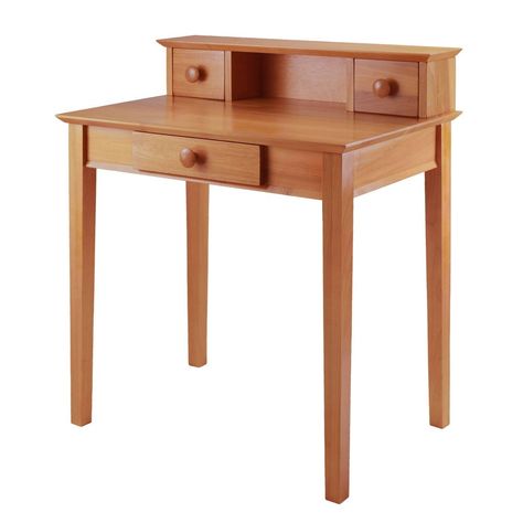 The Studio Writing Desk with Hutch from Winsome is a must-have for your home office or workspace. This honey wood office desk has a built-in hutch with two drawers and a middle compartment for storing and displaying small items. It also features one drawer just underneath the surface where you can easily keep writing utensils, paperwork and other supplies. Small drawer dims 5.51"W x 4.21"D x 4.45"H, Main drawer dims 11.89"W x 11.69"D x 2.44"H. Mix and match with the rest of the studio home offic Office Desk With Hutch, High Desk, Solid Wood Writing Desk, Wood Office Desk, Writing Desk With Drawers, Desk With Hutch, Wood Office, Desk Size, Drafting Table