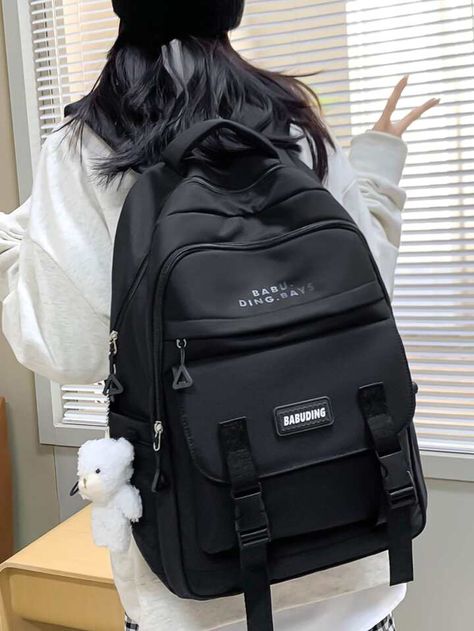 Preppy Classic Backpack Black Letter Patch Decor With Bag Charm For School | SHEIN USA Shein School Bags, Shein Backpack, College Bags For Girls, Preppy Backpack, Design With Letters, Black School Bags, Girly Outfit, Daypack Backpack, Work Backpack