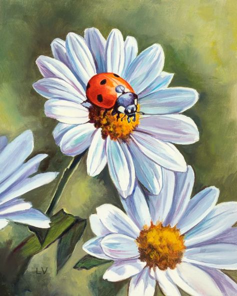 Ladybird Drawing, Ladybug Painting, Painting Daisies, Daisy Drawing, Flower Portrait, Flowers Artwork, Botanical Drawing, Ladybug Art, Daisy Painting