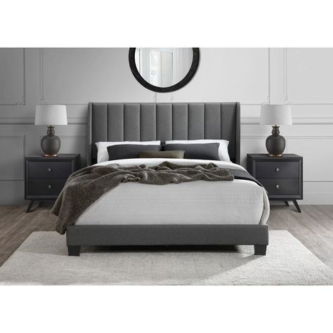 Grey Queen Bed Frame, Gray Bedroom Ideas For Couples, Gray Bedframe Bedroom Ideas, Gray Upholstered Bed Decor Ideas, Grey Bedframe Bedroom Ideas, Gray Walls Bedroom Ideas, Grey Upholstered Bed Bedroom, Dark Headboard Bedroom Decor, Charcoal Grey Bedroom Ideas
