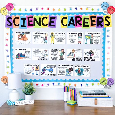 Image of a bulletin board with several science career posters. Chemistry Display Boards, Science Bulletin Board Ideas Elementary, Careers Display Board, Science Class Bulletin Boards, Life Science Bulletin Boards, Science Board Ideas, Scientific Method Bulletin Board, Science Display Board Ideas, Science Boards Display Ideas