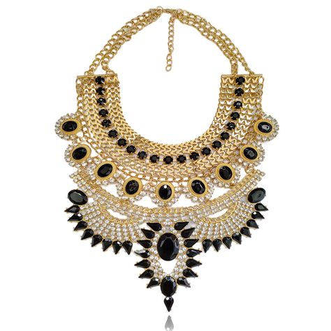 PRICES MAY VARY. Black gold statement necklace made by gold alloy, sparkly crystals and jet-black gems, the workmanship is exquisite and have good color retention, not easy to fade. Please avoid long-term water immersion and wind blowing in the sun. Bib necklace fit for women and girls. The magnificent design will make you elegant and gorgeous to get more compliment. Definitely it will be the most suitable fashion item for you. Also a great gift for friends, mom, daughter and wife. Chunky neckla African Egyptian, African Choker, Gold Neck Chain, Halloween Costume Jewelry, Chunky Gold Necklaces, Egyptian Necklace, Branded Outfits, Wedding Jewelry For Bride, Egyptian Jewelry