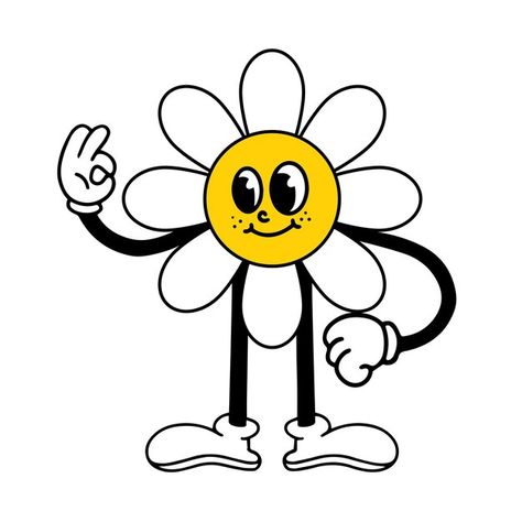 Funny cartoon flower emotion daisy comic... | Premium Vector #Freepik #vector #fun #nature #flat #modern Croquis, Margaritas, Retro Character Illustration, Daisy Cartoon, Cartoon Daisy, Groovy Stickers, Flower Character, Flower Funny, Smiling Flower