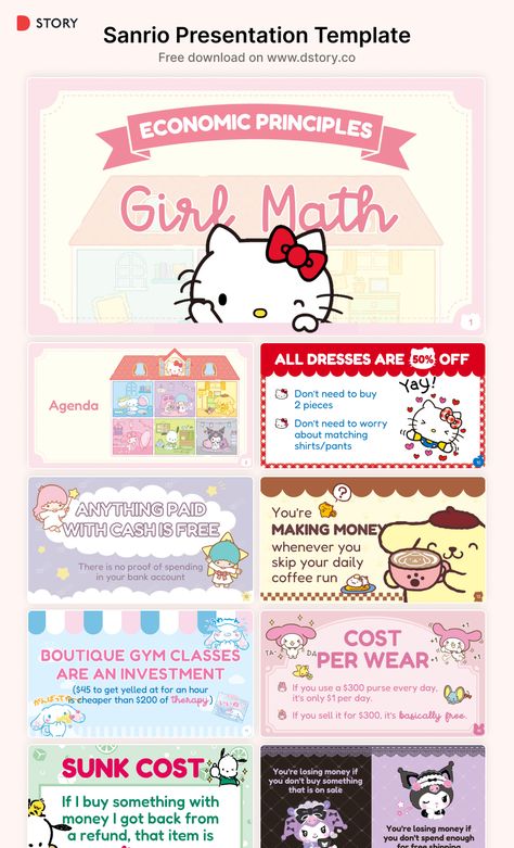 16 unique PowerPoint slide templates, featuring Hello Kitty, Cinnamoroll, My Melody, Kuromi, Pompompurin, Pochacco and Little Twin Stars! Notion Template Ideas Hello Kitty, Hello Kitty Powerpoint Background, Sanrio Presentation Template, Hello Kitty Slide Template, Sanrio Powerpoint, Sanrio Powerpoint Template, Hello Kitty Google Slides, Canva Slide Presentation Ideas, Themes For Google Slides